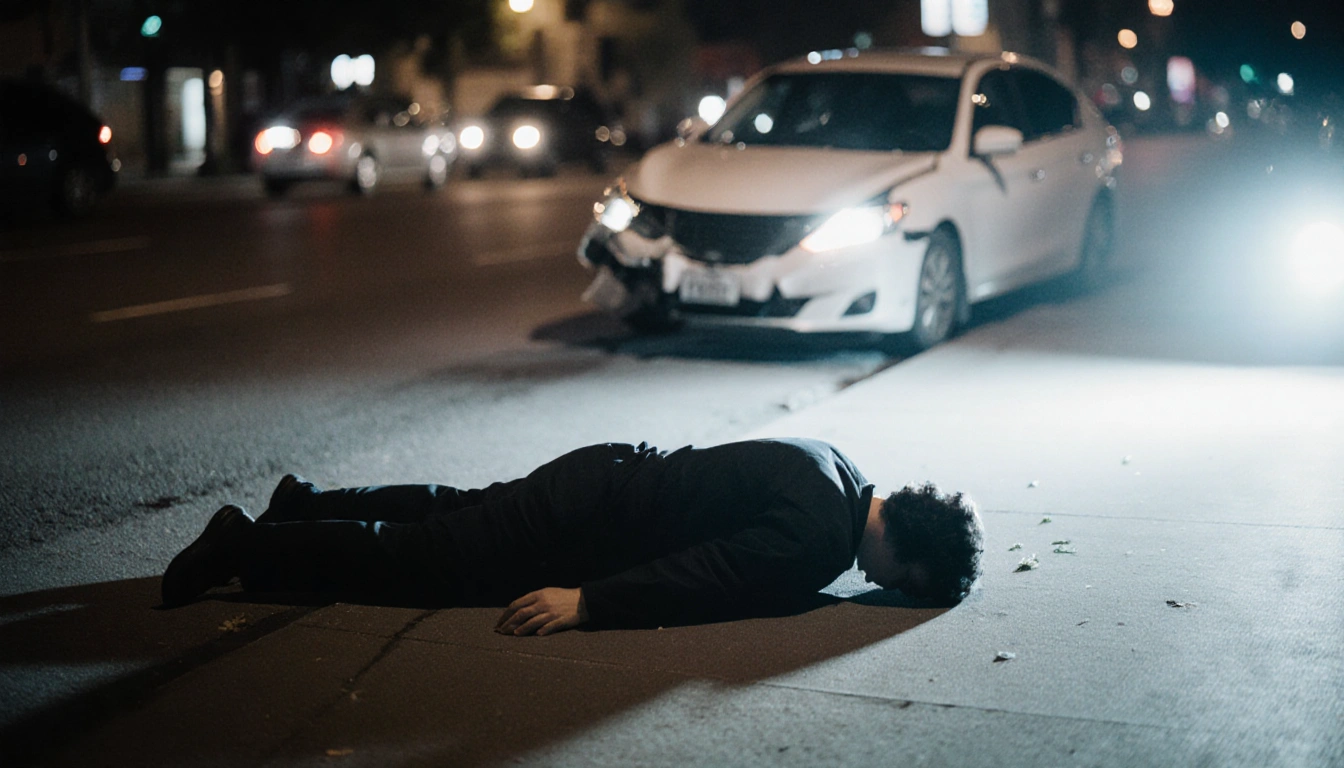 Figure lying on the sidewalk at night with a white sedan