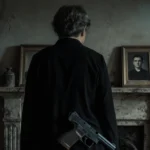Woman standing with gun on thigh in dimly lit room and weathered mantle holding old photographs with obscured faces