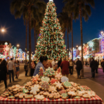 Table groaning with festive Christmas cookies beneath a giant tree and bakers gathering around in a warm community glow