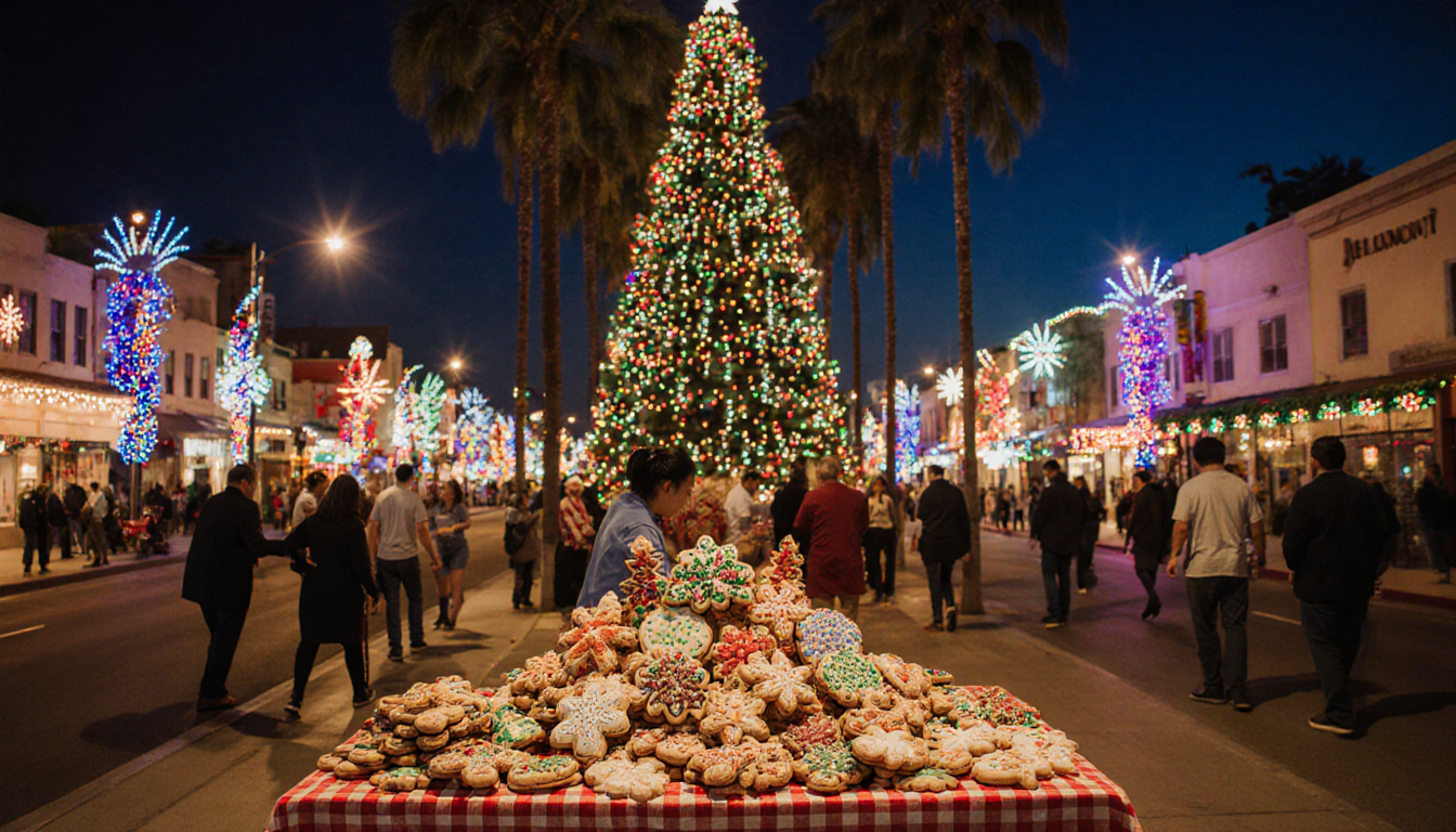Table groaning with festive Christmas cookies beneath a giant tree and bakers gathering around in a warm community glow