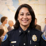 Commander Norma Carrillo stands before a Long Beach map with a police uniform smile and determination