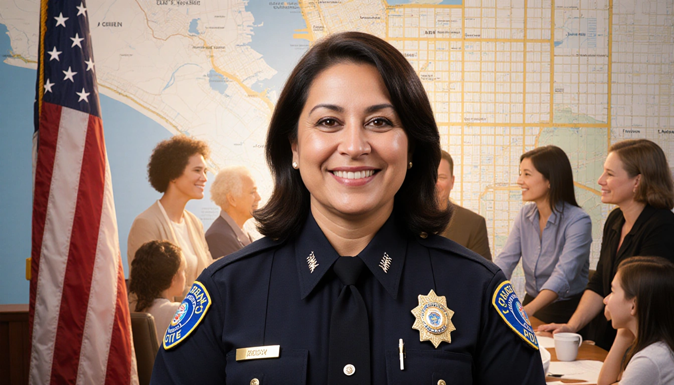 Commander Norma Carrillo stands before a Long Beach map with a police uniform smile and determination