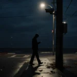 Pedestrian walking down wet sidewalk with speed camera on utility pole in Long Beach and streetlights casting long shadows