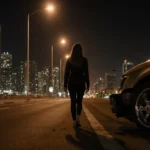 Woman walking away with crushed car shell and streetlight glow in foreground and Long Beach skyscrapers looming behind