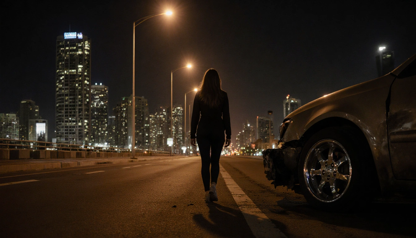 Woman walking away with crushed car shell and streetlight glow in foreground and Long Beach skyscrapers looming behind
