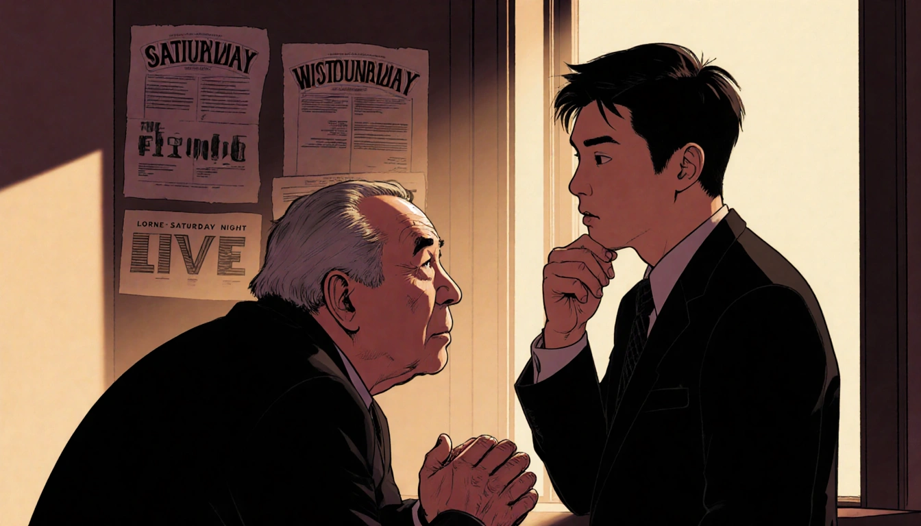 Lorne Michaels leaning forward talking with Bowen Yang with warm lighting and fading SNL logo