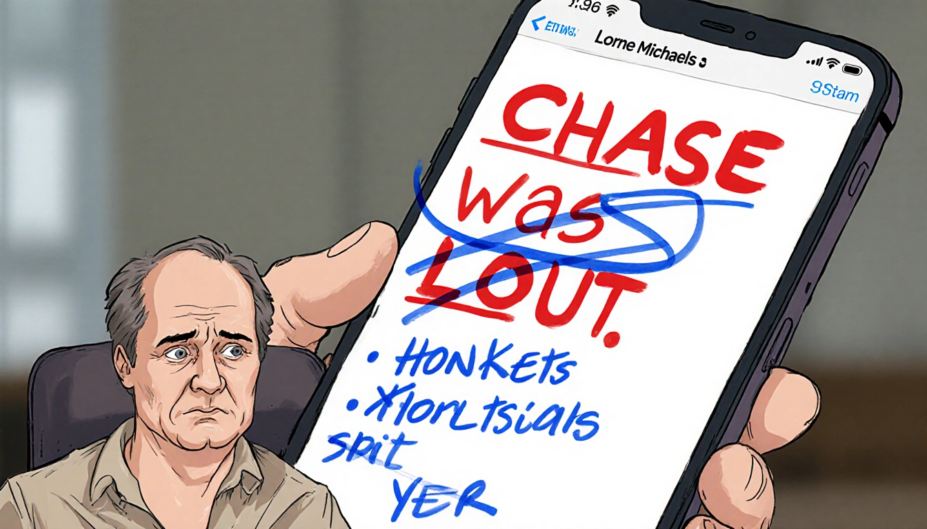 Lorne Michaels sits at a desk holding a phone showing a typo text in red ink and blue corrections and his face shows surprise