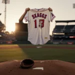 Fan holding up Tyler Skaggs jersey with tears reflected in face and golden dusk light over Angels stadium