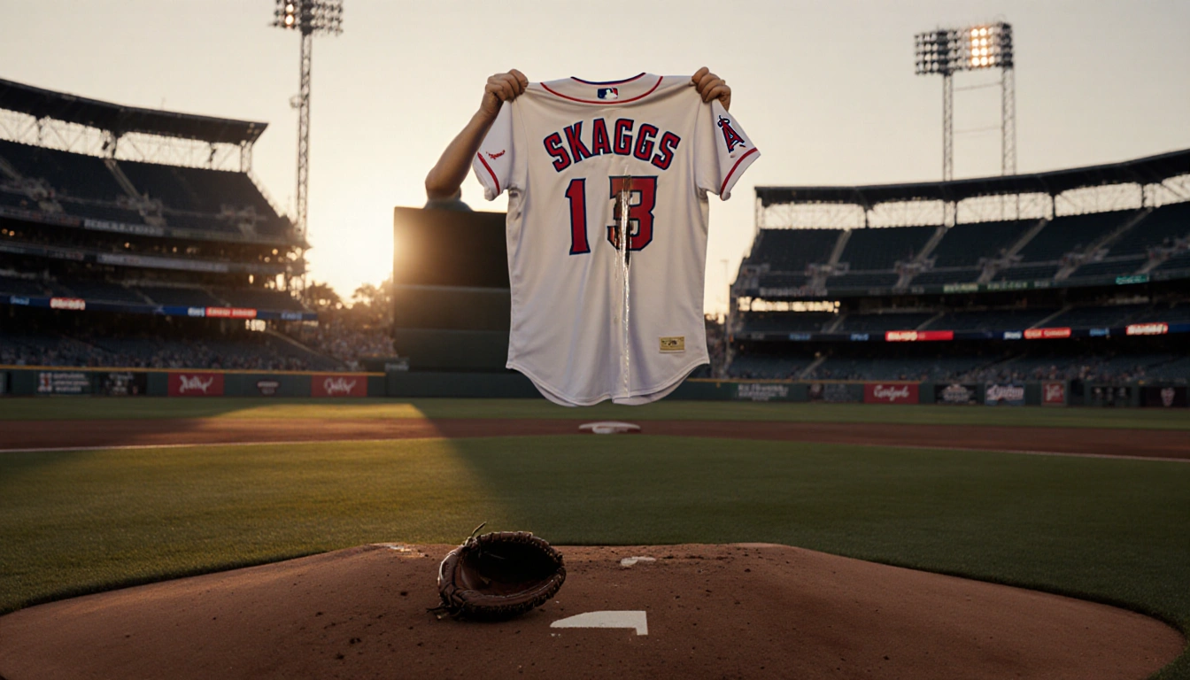 Fan holding up Tyler Skaggs jersey with tears reflected in face and golden dusk light over Angels stadium