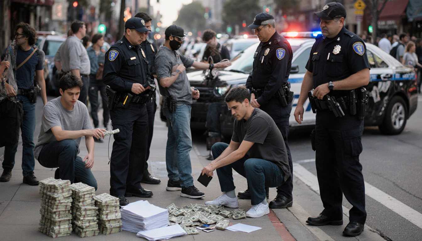 Police officers confiscating electronic devices from arrested individuals with stack of documents and cash on ground