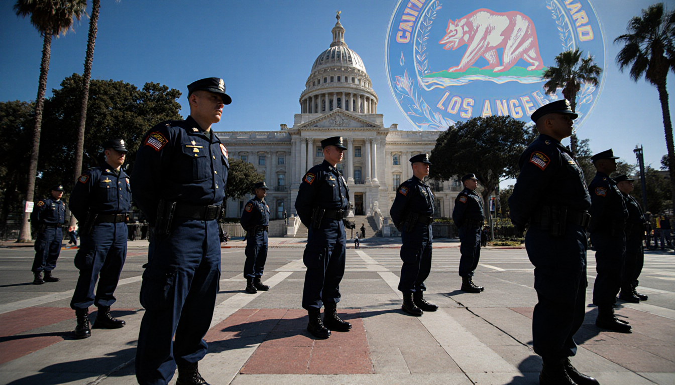 Line of California National Guard soldiers standing at attention with bright LA sunshine and a subtle Trump logo behind City