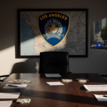 Wooden table cluttered with papers reflecting urgency with city map behind and cityscape outside.
