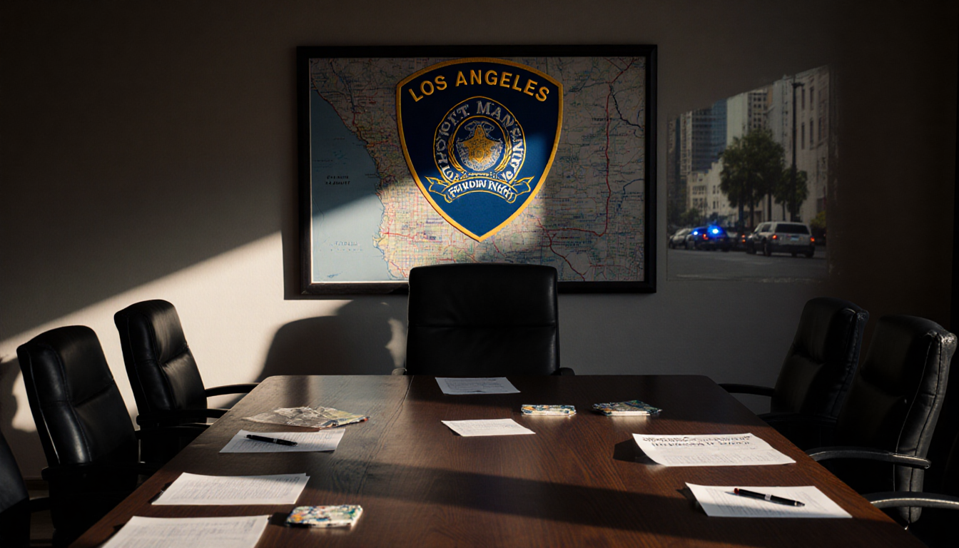 Wooden table cluttered with papers reflecting urgency with city map behind and cityscape outside.