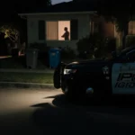Man clenching hands with LAPD cruiser spotlighted on Los Angeles street at dawn near garden