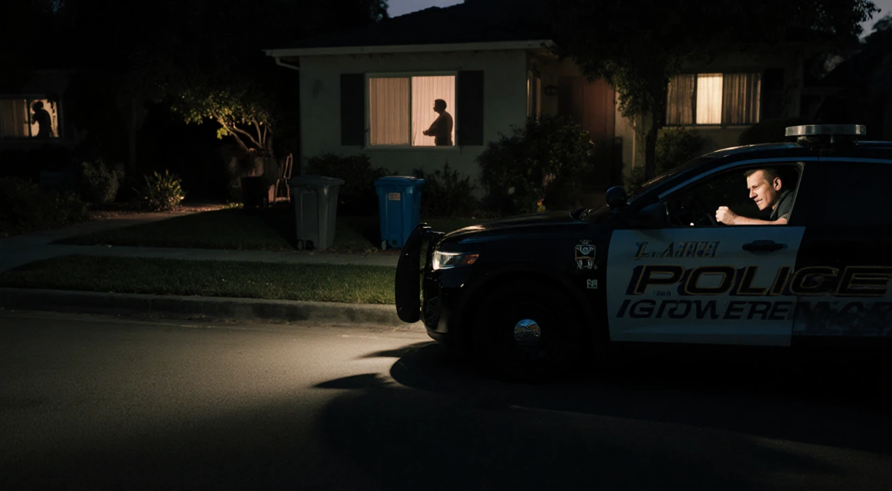 Man clenching hands with LAPD cruiser spotlighted on Los Angeles street at dawn near garden