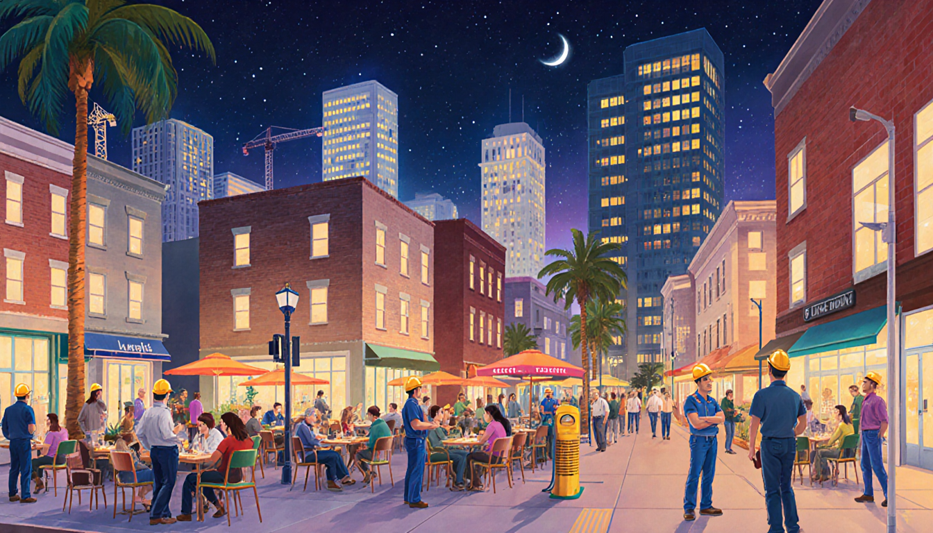 Construction workers repairing buildings with solar panels and electric charging stations and cafés in downtown LA at night