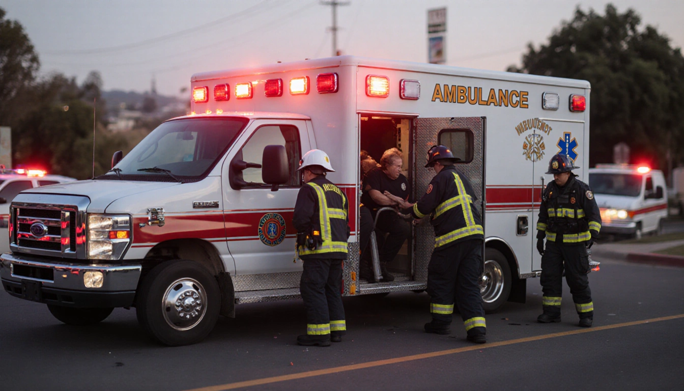 LA Fire Dept ambulance arriving at crash scene with flashing red lights and five patients inside