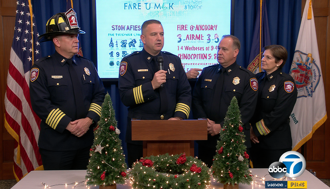 Fire department officials speaking at podium with city skyline behind one holding microphone pointing to fire safety screen