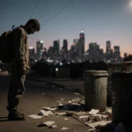 Lone figure stands looking down at feet with dim streetlight glow and graffiti dumpster on a nighttime Los Angeles street