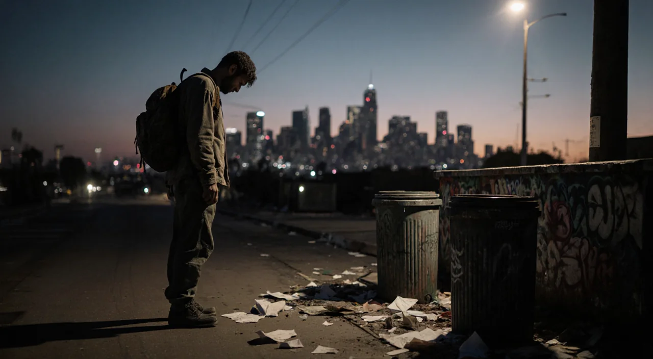 Lone figure stands looking down at feet with dim streetlight glow and graffiti dumpster on a nighttime Los Angeles street