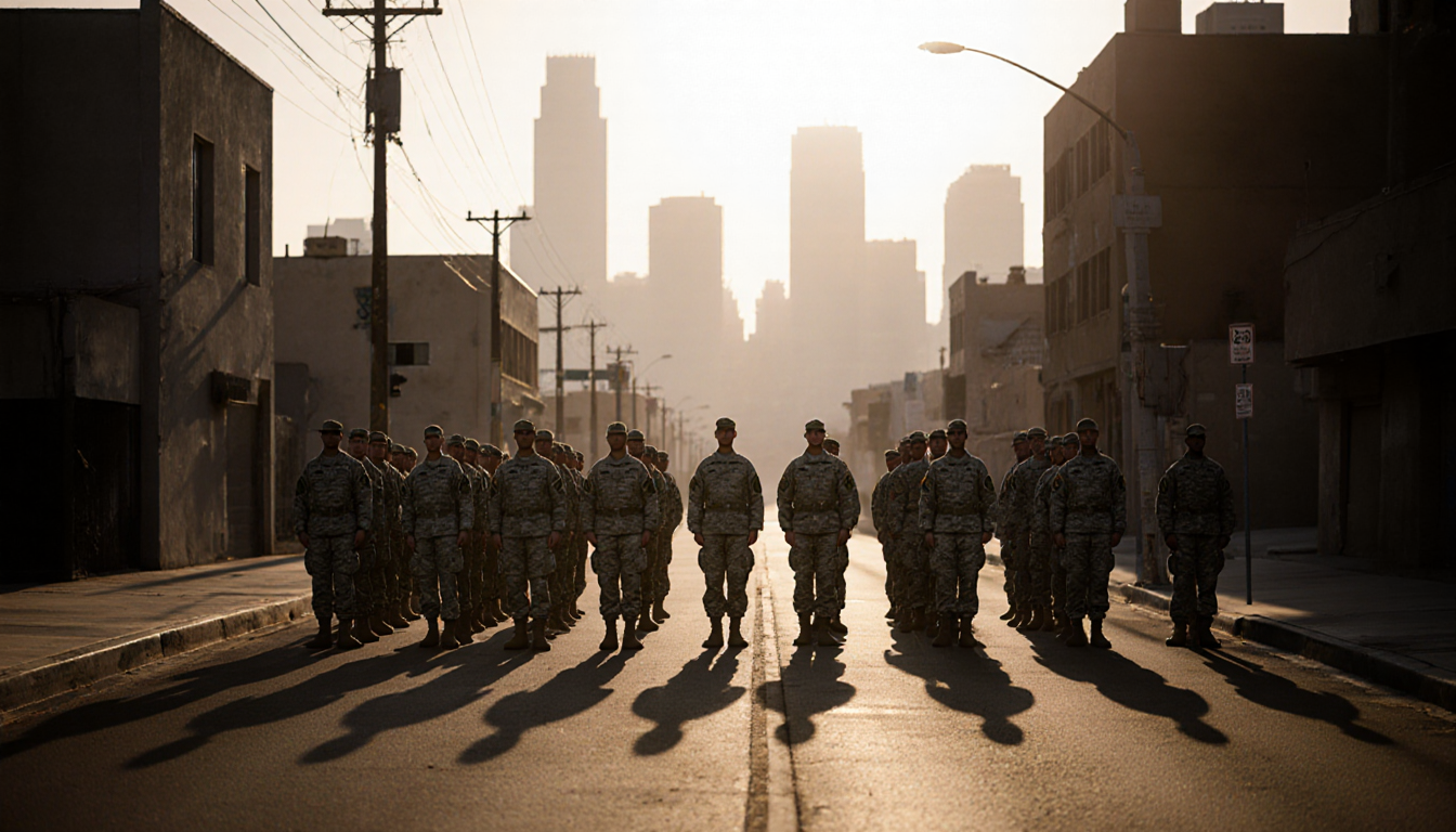 California National Guard members standing guard with sunset shadows behind them and blurred LA skyline in background.