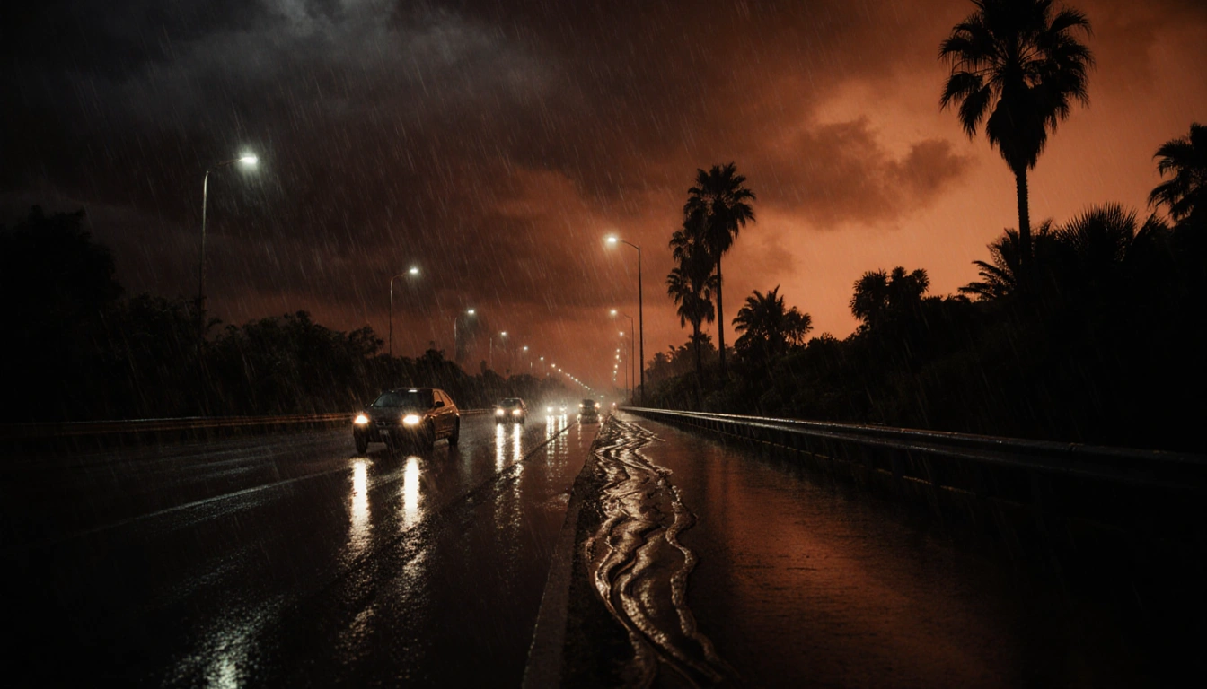Cars moving slowly through rain-soaked Los Angeles highway at dusk with palm trees and orange glow