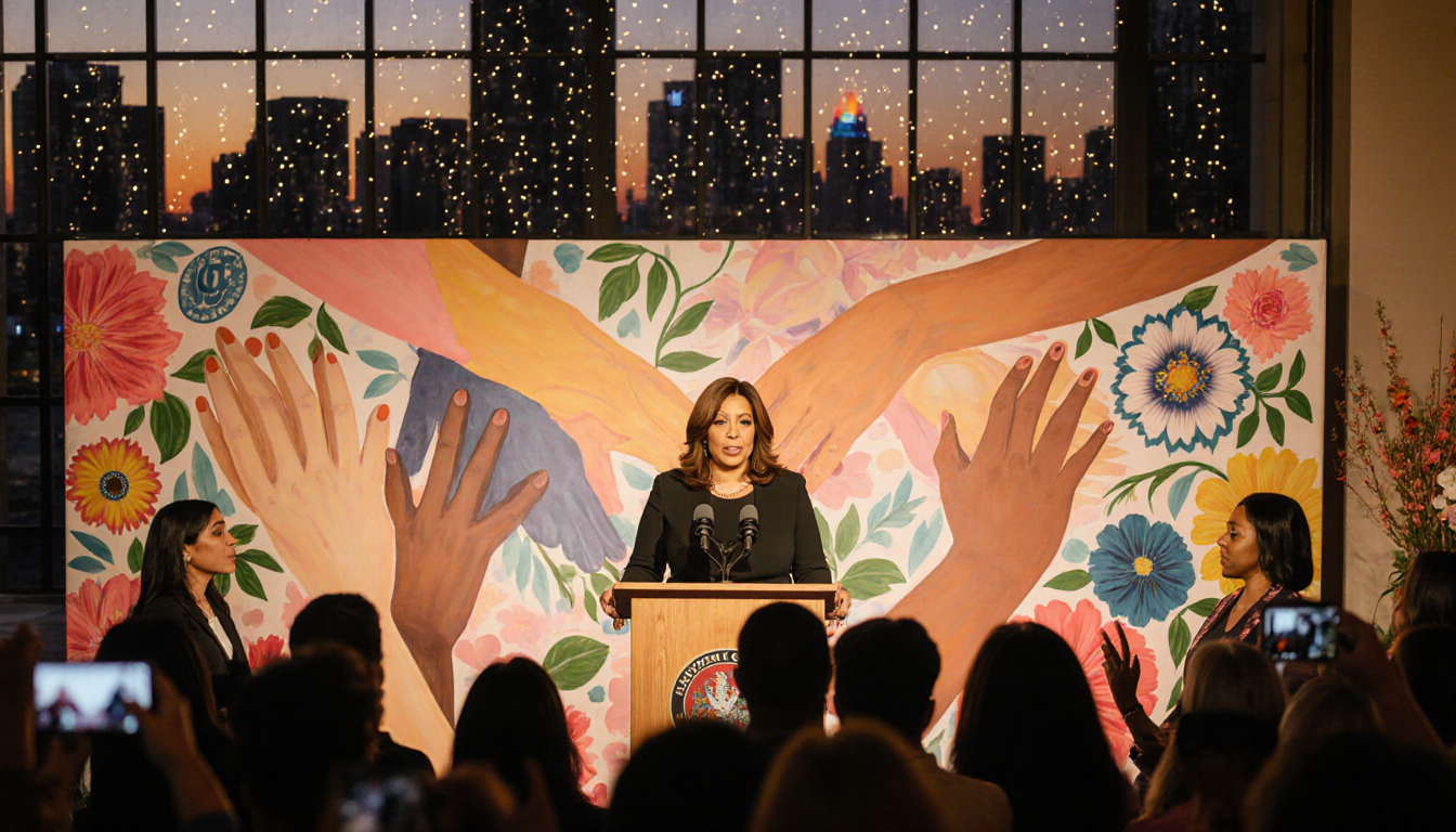 Mayor Karen Bass addresses crowd on podium with mural of unity and city lights in LA Trade‑Technical College backdrop