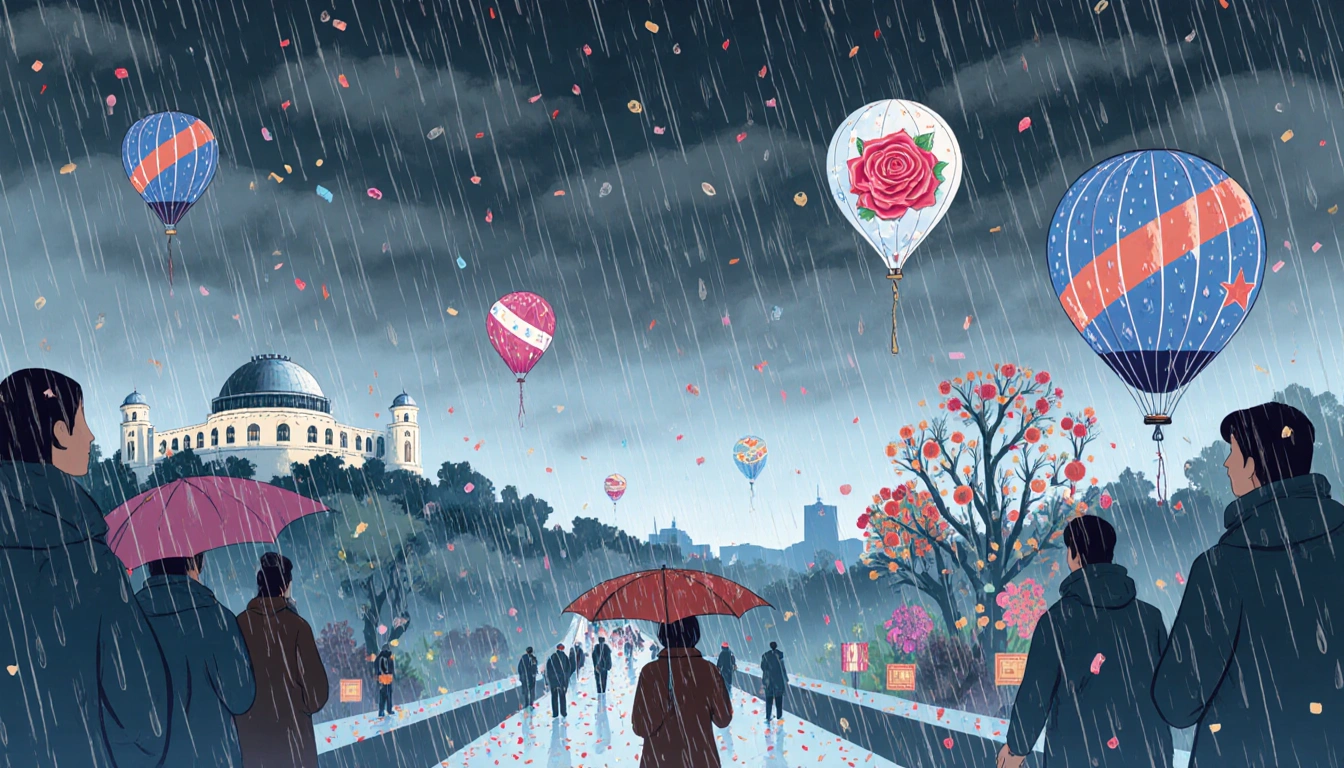 People holding umbrellas watching colorful parade balloons with rain falling over Los Angeles landmarks.