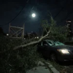Tree falling onto car with cracked windshield and tangled power lines in Los Angeles nighttime chaos.