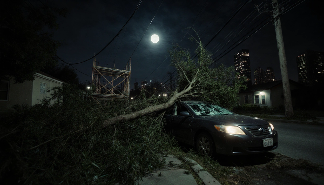 Tree falling onto car with cracked windshield and tangled power lines in Los Angeles nighttime chaos.