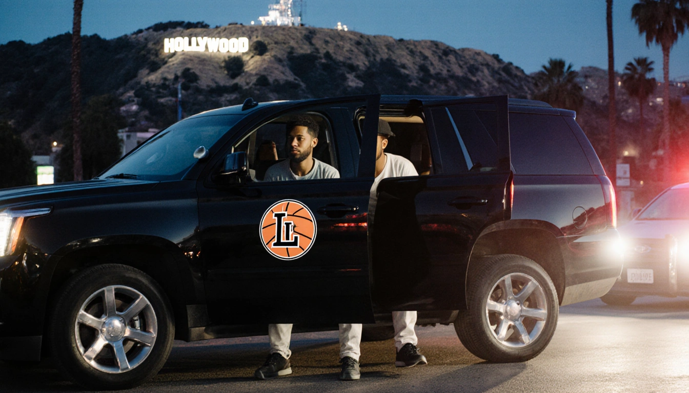 Two men lean out of a black SUV with a stylized L and basketball logo on a dark LA street at dusk near Hollywood Hills