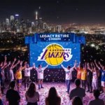 Fans cheer around a screen with a Lakers and Dodgers logo amid confetti and neon lights in Los Angeles skyline