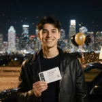 Person holding an Uber voucher in front of Uber car with New Year