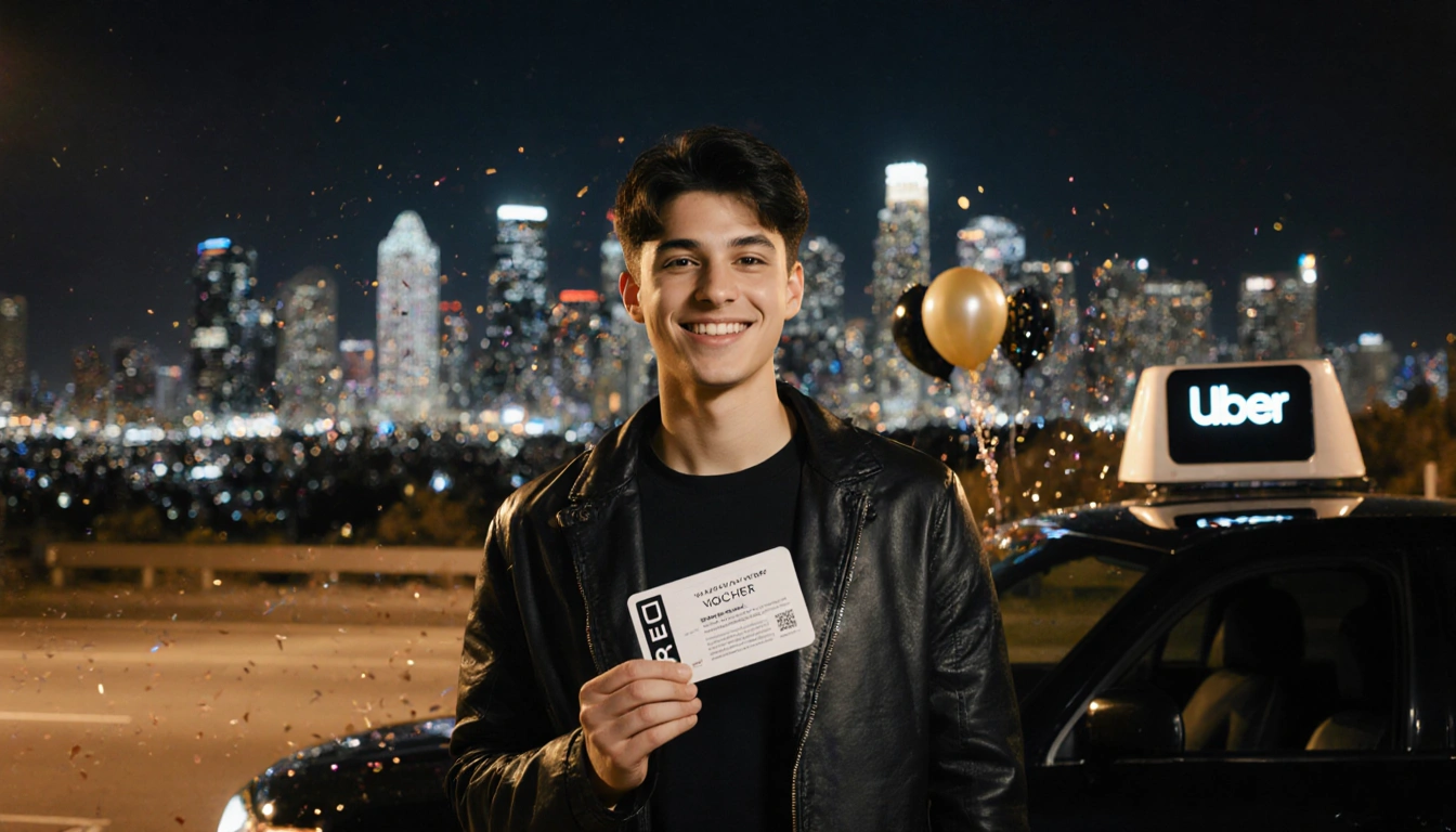 Person holding an Uber voucher in front of Uber car with New Year