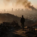 Solitary figure standing in charred ruins looking up at dusk sky over Los Angeles city with smoke and fire