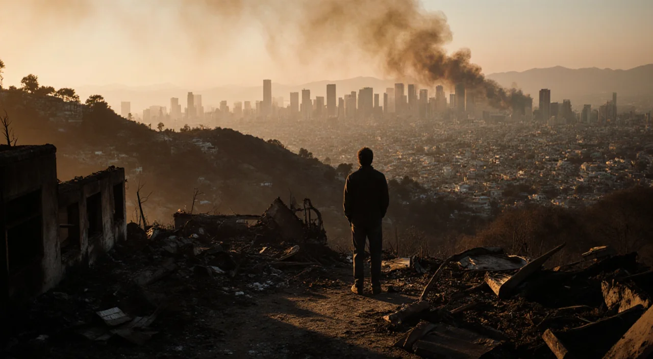 Solitary figure standing in charred ruins looking up at dusk sky over Los Angeles city with smoke and fire