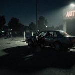 Figure lying inside a parked car with police spotlight in a dusk Los Angeles parking lot
