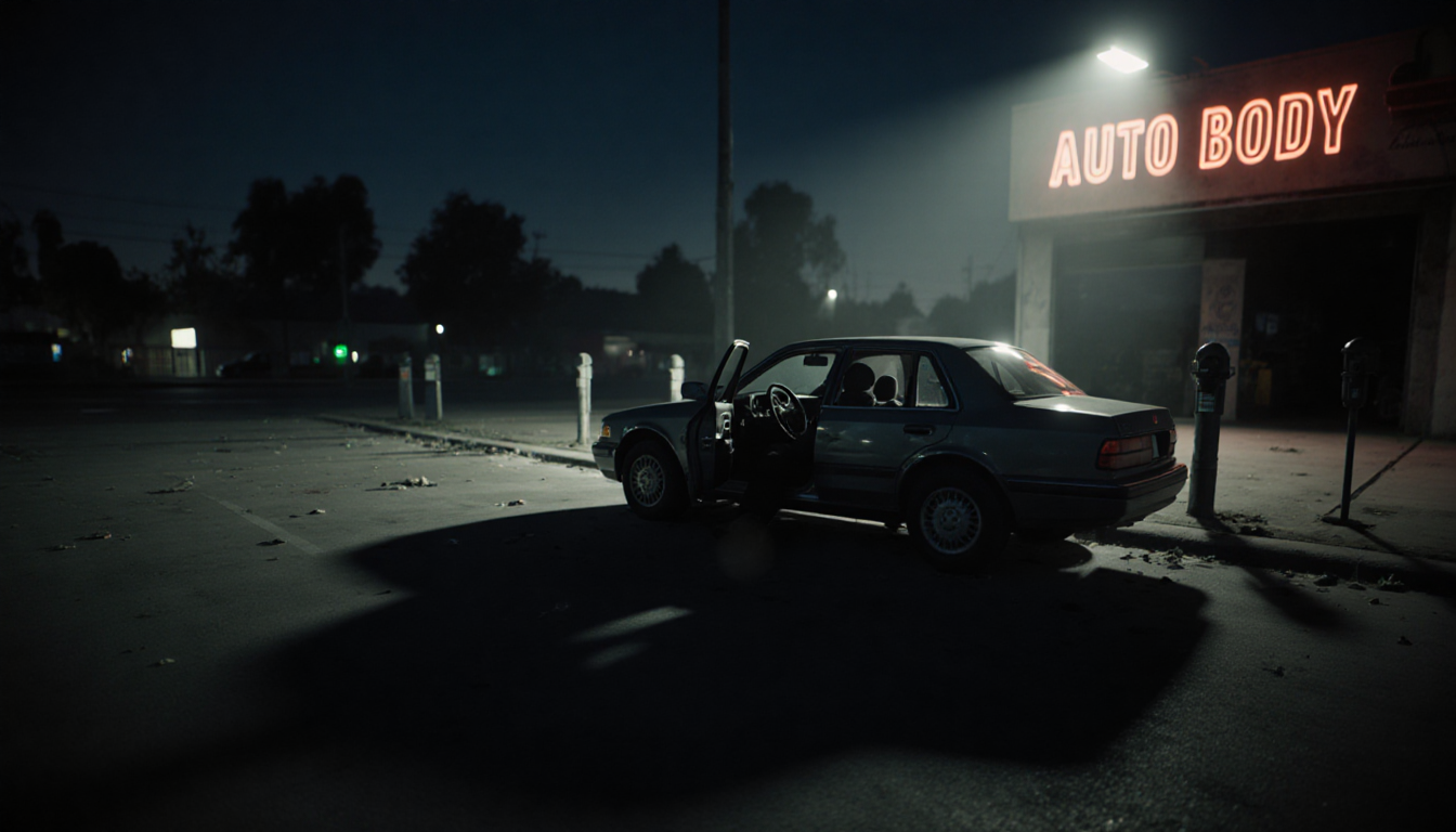 Figure lying inside a parked car with police spotlight in a dusk Los Angeles parking lot