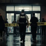 Evacuatees stepping back from the police station entrance with a bomb squad officer standing guard near flashing lights