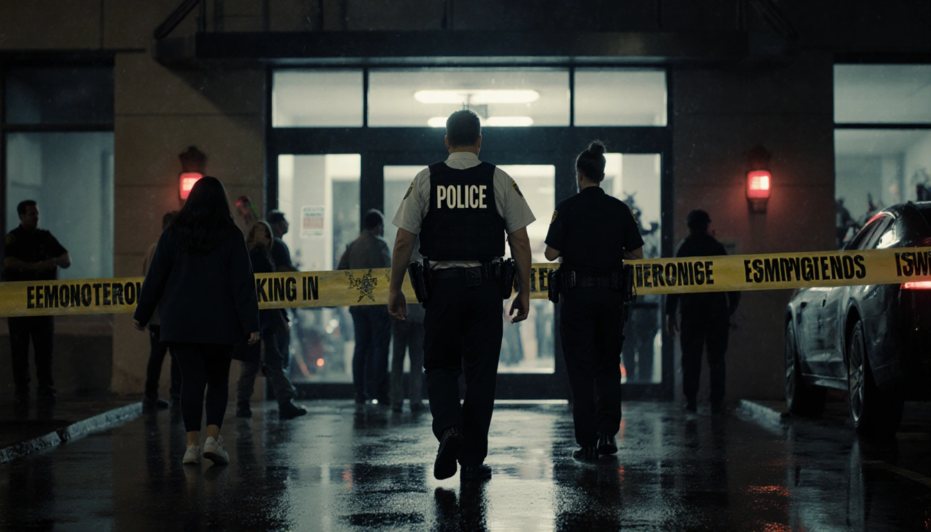 Evacuatees stepping back from the police station entrance with a bomb squad officer standing guard near flashing lights