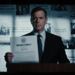 Los Angeles County prosecutor holding a press release with a dim newsroom and a large screen behind him