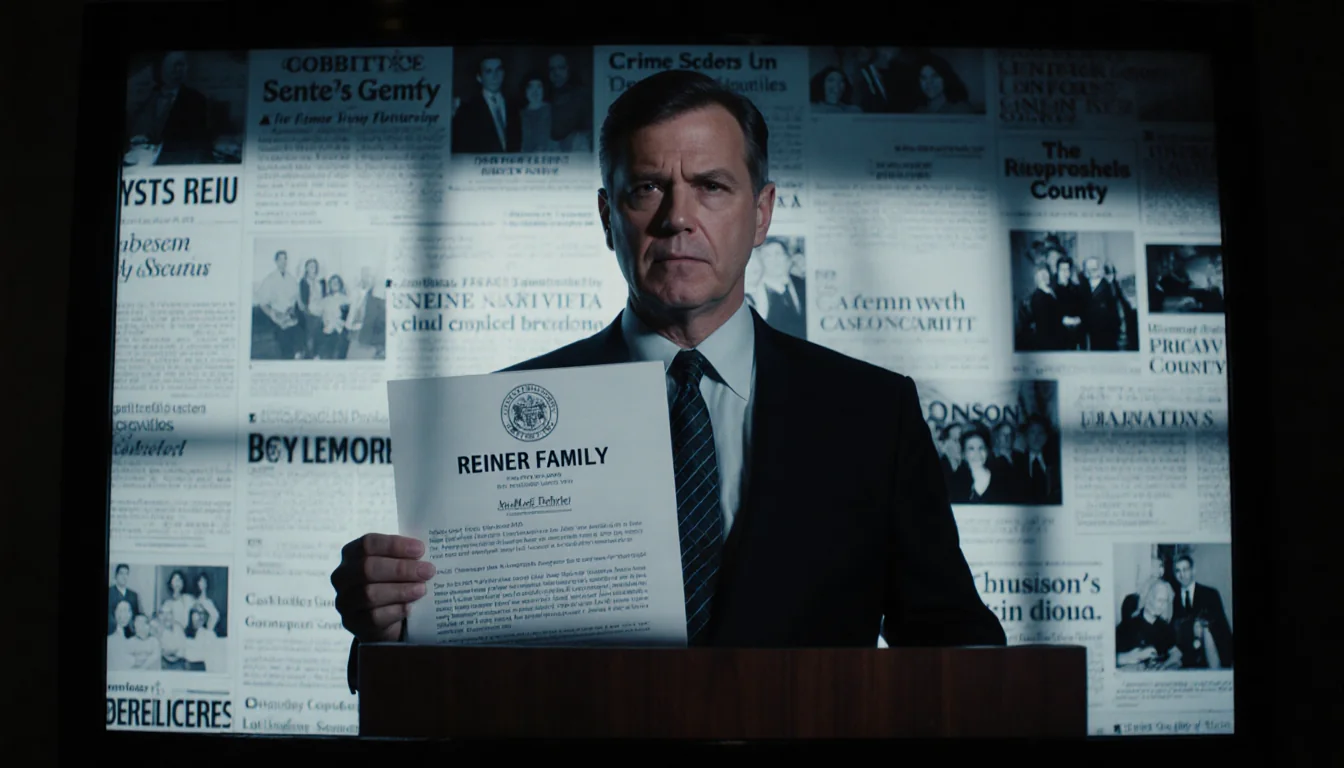 Los Angeles County prosecutor holding a press release with a dim newsroom and a large screen behind him
