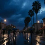 Pedestrians rushing toward shelter with umbrellas and glistening pavement under streetlights