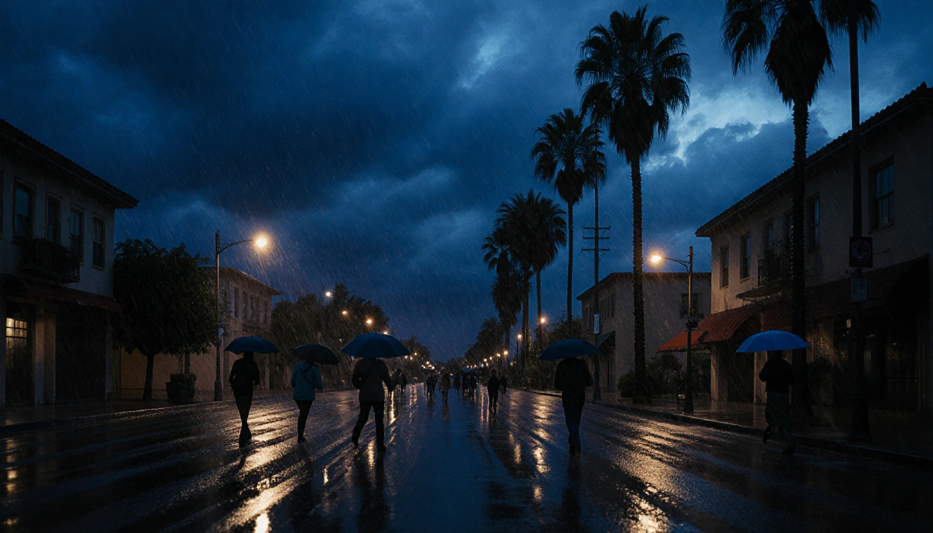 Pedestrians rushing toward shelter with umbrellas and glistening pavement under streetlights