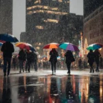 Pedestrians scrambling for shelter under bright umbrellas on a wet Los Angeles street with glowing city lights and skyscraper