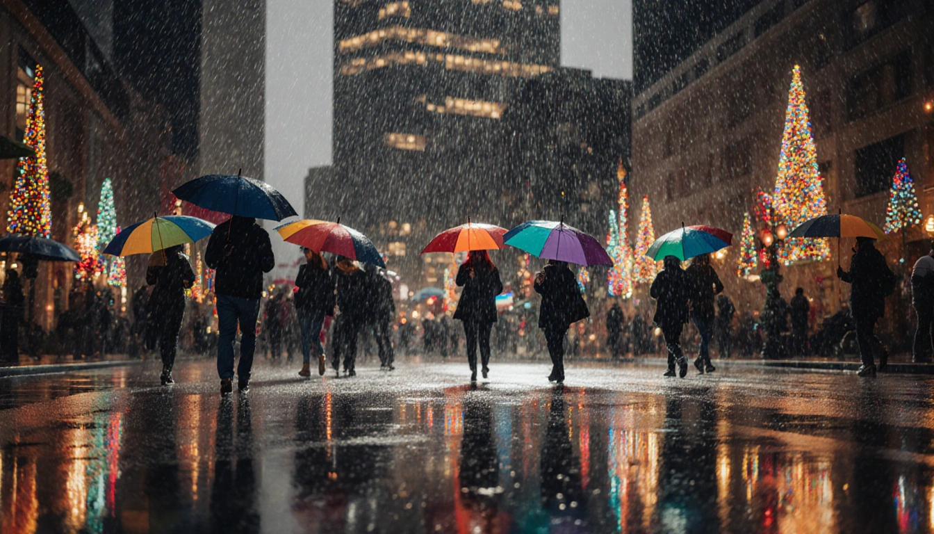 Pedestrians scrambling for shelter under bright umbrellas on a wet Los Angeles street with glowing city lights and skyscraper