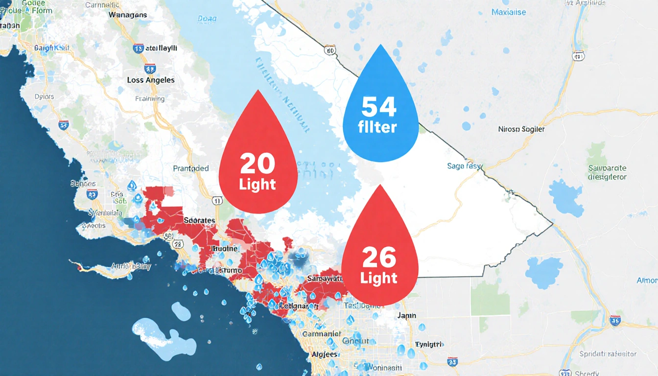 Los Angeles County map illustrating rainfall with colored raindrop icons and street puddles.