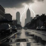 Rain falls over wet street with parked cars under umbrellas and skyscrapers in the background and flashes of lightning.