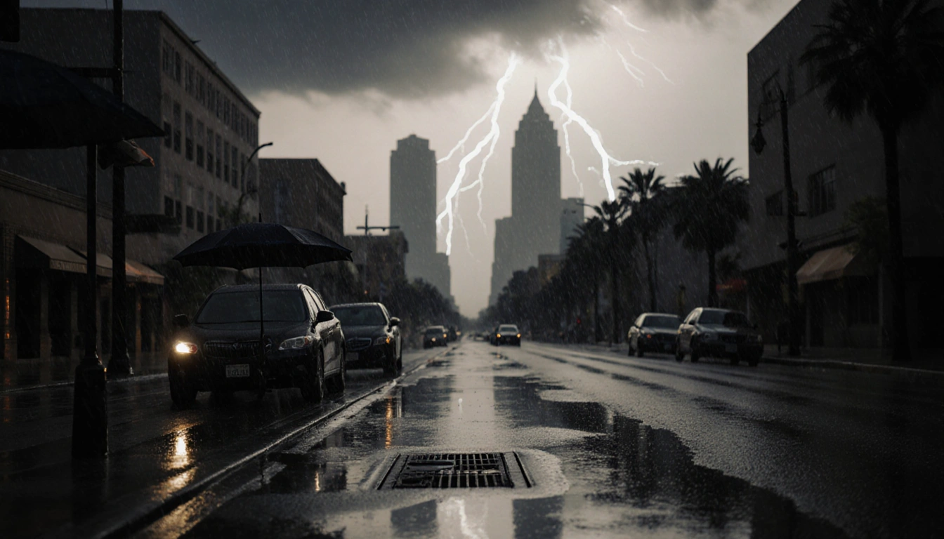 Rain falls over wet street with parked cars under umbrellas and skyscrapers in the background and flashes of lightning.