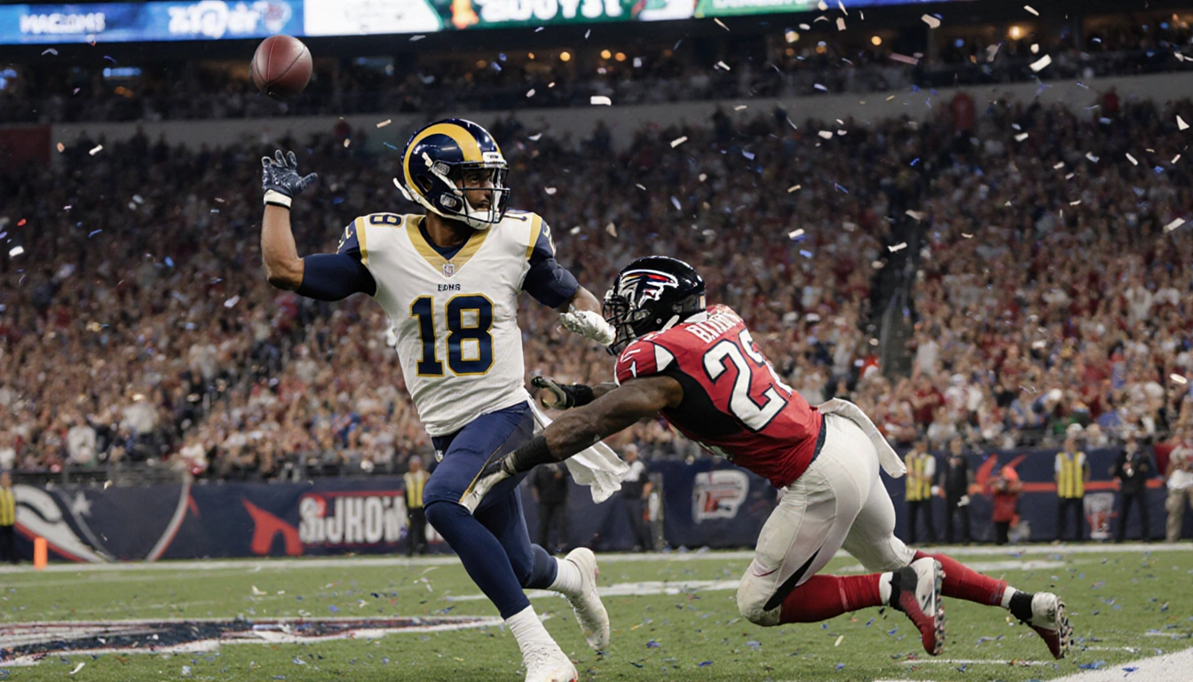 Rams quarterback throwing a pass with defender tackling and receiver sprinting down sideline in stadium crowd with confetti.